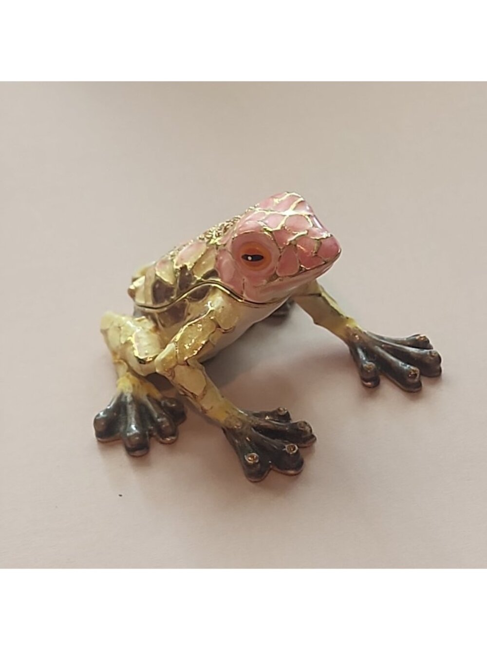 Vintage Hand Painted Tree Frog Hinged Trinket Box Pink Mosaic Gold Accents